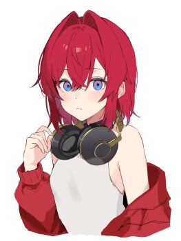 Rule 34 | 1girl, ange katrina, ange katrina (1st costume), armpit crease, bare shoulders, blue eyes, blush, breasts, cardigan, closed mouth, cropped torso, crossed bangs, frown, gradient eyes, hair between eyes, hair intakes, hand up, happachan2do6, headphones, headphones around neck, highres, long sleeves, looking at viewer, medium hair, multicolored eyes, nijisanji, off shoulder, open cardigan, open clothes, purple eyes, red cardigan, red hair, shirt, simple background, sleeveless, sleeveless shirt, small breasts, solo, virtual youtuber, white background, white shirt