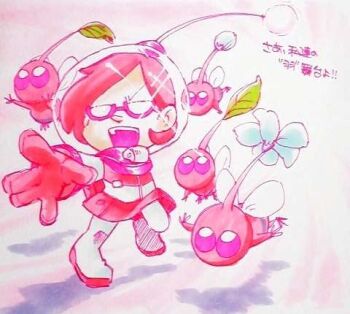 1girl akira_(8877ice) backpack bag blue_flower brittany_(pikmin) bud colored_skin commentary_request flower flying full_body furrowed_brow glasses gloves helmet insect_wings leaf leg_up lowres miniskirt nintendo no_mouth opaque_glasses open_mouth outstretched_hand pikmin_(creature) pikmin_(series) pikmin_3 pink-framed_eyewear pink_bag pink_eyes pink_gloves pink_hair pink_skin pink_skirt pink_theme radio_antenna shadow short_hair skirt smile solid_circle_eyes space_helmet spacesuit teeth traditional_media translation_request triangular_eyewear upper_teeth_only whistle winged_pikmin wings