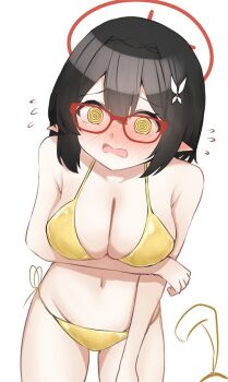1girl @_@ ayane_(blue_archive) bikini black_hair blue_archive blush breasts cleavage embarrassed glasses halo kuuwassy large_breasts navel open_mouth pointy_ears red-framed_eyewear short_hair side-tie_bikini_bottom simple_background solo stomach swimsuit white_background yellow_bikini yellow_eyes