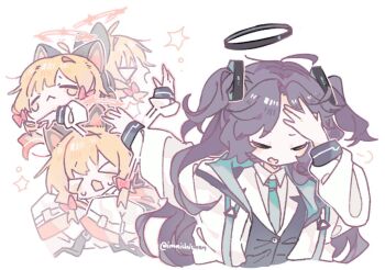 >_< 2girls :< afterimage animal_ear_headphones animal_ears black_halo black_vest blonde_hair blue_archive blue_necktie cat_ear_headphones cat_ears closed_eyes closed_mouth collared_shirt fake_animal_ears halo hand_on_own_forehead hashtag-only_commentary headphones imaichichan jacket jujutsu_kaisen long_hair long_sleeves mechanical_halo meme momoi_(blue_archive) motion_lines multiple_girls naoya_hitting_choso_without_looking_(meme) necktie open_clothes open_jacket open_mouth parted_bangs red_halo shirt short_hair simple_background twitter_username two_side_up vest white_background white_jacket white_shirt yuuka_(blue_archive)