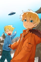 Rule 34 | 2boys, ^ ^, blonde hair, blue eyes, blue jacket, blue sky, blurry, blurry background, brown gloves, butters stotch, closed eyes, colored eyelashes, drawstring, forest, fur-trimmed hood, fur trim, gloves, hair between eyes, highres, holding hands, hood, hood down, jacket, kenny mccormick, long sleeves, looking at viewer, male focus, multiple boys, nature, open clothes, open jacket, open mouth, orange jacket, outdoors, parka, pocket, pointing, short hair, sike (dvh 04), sky, smile, snow, south park, teeth, ufo, undercut, upper teeth only