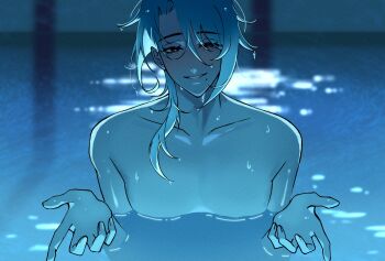 1boy aegyo_sal asymmetrical_hair blue_hair bright_pupils collarbone commentary curtained_hair genshin_impact hair_between_eyes hair_over_shoulder hands_up highres i'll_teach_you_everything_(chainsaw_man) kamisato_ayato looking_at_viewer male_focus medium_hair mole mole_under_mouth night parody parted_bangs parted_lips partially_submerged purple_eyes scene_reference solo topless_male upper_body water wet wet_hair white_pupils yozaka_(yyozaka)