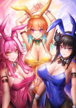 3girls absurdres alternate_costume animal_ear_fluff animal_ear_hairband animal_ears asymmetrical_horns bare_shoulders black_hair blue_hair blue_leotard blush bow bowtie breasts cleavage colored_inner_hair covered_navel demon_horns detached_collar earrings fake_animal_ears feather_earrings feathers gradient_hair green_hair hair_intakes hair_ornament hairband highleg highleg_leotard highres hololive hololive_english horns jewelry large_breasts leotard long_hair looking_at_viewer mole mole_under_eye multicolored_hair multiple_girls nerissa_ravencroft orange_hair panther_ears panther_girl pantyhose pink_hair pink_leotard playboy_bunny purple_eyes rabbit_ear_hairband rabbit_ears raora_panthera red_eyes smile strapless strapless_leotard streaked_hair tail takanashi_kiara two-tone_hair uneven_horns very_long_hair virtual_youtuber white_hair white_wrist_cuffs wrist_cuffs yellow_eyes yellow_leotard ziteng_yue