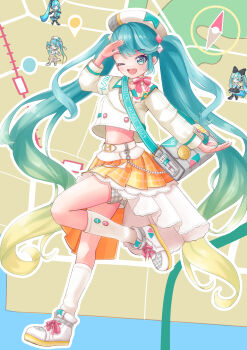 4girls absurdres aqua_eyes aqua_hair aqua_nails bag beret blonde_hair blush bow bowtie compass cropped_jacket full_body gradient_hair hair_between_eyes hair_bow hair_ornament hat hatsune_miku highres ikraaa_204 jacket long_hair long_sleeves magical_mirai_(vocaloid) magical_mirai_miku magical_mirai_miku_(2014) magical_mirai_miku_(2016) magical_mirai_miku_(2024) map midriff multicolored_hair multiple_girls multiple_persona navel official_alternate_costume official_alternate_hairstyle one_eye_closed open_mouth pink_bow pink_bowtie plaid_clothes plaid_skirt pleated_skirt shoes shorts shorts_under_skirt shoulder_bag skirt smile twintails very_long_hair vocaloid white_hat white_jacket white_shoes white_shorts yellow_skirt