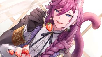 Rule 34 | 1boy, alternate costume, animal ears, artist name, backlighting, banzoin hakka, black suit, blue eyes, blueberry, braid, braided ponytail, buttons, cake, cat boy, cat ears, cat tail, collared shirt, commentary request, curtains, day, dutch angle, earrings, feathers, feeding, food, fork, formal clothes, fruit, gloves, hair between eyes, highres, holding, holding fork, holding plate, holostars, holostars english, indoors, jewelry, kemonomimi mode, light particles, long hair, long sleeves, looking at viewer, male focus, multicolored hair, neck ribbon, nekocha dao, open mouth, plate, purple hair, purple ribbon, ribbon, shirt, side braid, smile, solo, strawberry, strawberry shortcake, streaked hair, suit, syrup, tail, teeth, upper body, virtual youtuber, whipped cream, white hair, white shirt, window, wrist cuffs