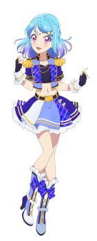 1girl :d aiguillette aikatsu!_(series) aikatsu_friends! black_gloves blue_boots blue_bow blue_hair blue_jacket blue_skirt boots bow crop_top cropped_jacket epaulettes fingerless_gloves full_body gloves gradient_hair hair_ornament high_heel_boots high_heels highres jacket knee_boots looking_at_viewer minato_mio miniskirt multicolored_hair navel official_art open_mouth pleated_skirt purple_eyes purple_hair second-party_source simple_background skirt smile solo standing star_(symbol) star_hair_ornament white_background
