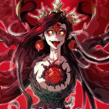 1girl black_hair blurry colored_sclera commentary crazy_smile depth_of_field duel_monster earrings english_commentary glowing glowing_eyes hair_ornament jewelry long_hair pointy_ears red_background red_sclera saint_azamina smile tentacles thorns tongue tongue_out very_long_hair vincent_graphic_art yellow_eyes yu-gi-oh!