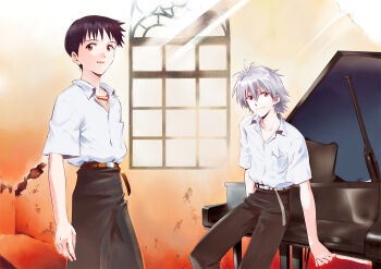 2boys belt black_hair black_pants brown_belt brown_eyes closed_mouth collared_shirt commentary_request grand_piano ikari_shinji instrument magari_kouji male_focus multiple_boys nagisa_kaworu neon_genesis_evangelion open_mouth pants piano red_eyes school_uniform shirt shirt_tucked_in short_hair short_sleeves sitting sitting_on_piano standing sunlight tokyo-3_middle_school_uniform white_belt white_shirt