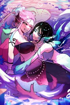 Rule 34 | 2girls, alien stage, aqua hair, black hair, black tube top, blue eyeshadow, blue flower, blue nails, blue shirt, braid, breasts, bubble, commentary, english commentary, eyeshadow, face jewel, fins, flower, hand on another's chin, head fins, highres, jewelry, litzdrawsalot, makeup, merfolk, mermaid, mizi (alien stage), monster girl, multicolored hair, multiple girls, necklace, one eye closed, pearl necklace, pink eyeshadow, purple eyes, shirt, signature, smile, strapless, strapless shirt, sua (alien stage), tube top, two-tone hair, yellow eyes, yuri