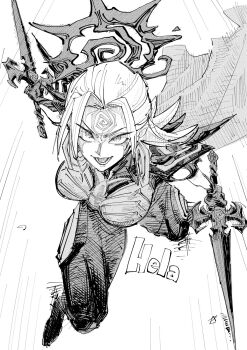 1girl breasts cape corruption dark_persona hela_(marvel) hela_(queen_in_black)_(marvel) highres holding large_breasts long_hair looking_at_viewer marvel marvel_rivals monochrome possessed possession simple_background smile solo superebiseeeen symbiote thor_(marvel)_(series) white_background