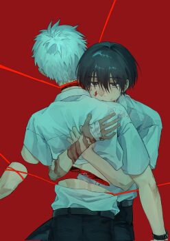 2boys artist_name bandaged_hand bandages black_hair blood blood_on_face collared_shirt corrupted_twitter_file cowboy_shot decapitation from_behind grey_eyes guro hashtag-only_commentary highres hikaru_ga_shinda_natsu hug indou_hikaru male_focus meiko623 mole mole_on_arm mole_on_cheek mole_under_eye multiple_boys multiple_moles red_background scar scar_on_arm scar_on_hand school_uniform shirt shirt_tucked_in short_hair short_sleeves simple_background slit_pupils tears tsujinaka_yoshiki watch white_hair white_shirt wristwatch