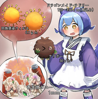 1girl apron blue_kimono bug character_name character_request commentary dragon_girl duel_monster gameplay_mechanics hatano_kiyoshi height height_difference highres japanese_clothes kimono kuriboh laundry_dragonmaid looking_at_another maid maid_apron monster partially_translated scratching size_comparison standing translation_request tribe-infecting_virus virus vomit wa_maid yellow_eyes yu-gi-oh! zoom_layer