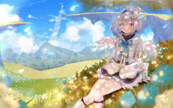 1girl absurdres amane_kanata amane_kanata_(1st_costume) angel angel_wings armband asymmetrical_bangs asymmetrical_hair bell_sleeves blue_bow blue_bowtie blue_eyes blue_hair blue_socks blush bob_cut bow bowtie buckle closed_mouth colored_inner_hair commentary day english_commentary feathered_wings feet_out_of_frame frilled_skirt frilled_sleeves frills gradient_eyes grass grey_hair hair_between_eyes hair_over_one_eye halo highres hoangnc4 hololive jacket kneehighs long_sleeves looking_at_viewer medium_hair miniskirt multicolored_eyes multicolored_hair on_grass outdoors parted_bangs pink_hair print_socks purple_eyes scenery short_hair single_hair_intake sitting skirt sleeves_past_wrists sleeves_rolled_up socks solo star_halo streaked_hair striped_clothes thighs turtleneck virtual_youtuber white_jacket white_wings wings