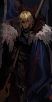 1boy areadbhar_(fire_emblem) armor black_armor black_fur blonde_hair blood blood_on_clothes blood_on_face blue_cape blue_eyes breastplate cape closed_mouth commentary_request dimitri_alexandre_blaiddyd dimitri_alexandre_blaiddyd_(timeskip) double-parted_bangs enononono6 eyepatch feet_out_of_frame fire_emblem fire_emblem:_three_houses frown fur-trimmed_cape fur_trim gauntlets hair_between_eyes holding holding_polearm holding_weapon looking_ahead male_focus nintendo one_eye_covered polearm weapon white_fur