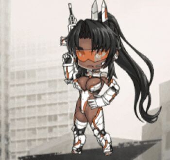 1girl armor black_hair bouncing_breasts breasts chibi cleavage covered_erect_nipples curvy dark-skinned_female dark_skin elbow_gloves female_focus full_body gloves high_ponytail highleg highleg_leotard holding holding_weapon huge_breasts impossible_clothes kneeling leotard lilith-soft lips long_hair looking_ahead mirabell_bell narrow_waist orange_eyes ponytail revealing_clothes shiny_skin sideboob simple_background standing taimanin_(series) taimanin_rpgx thighs thong_leotard very_long_hair visor_(armor) weapon white_leotard