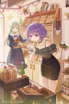 2girls bad_source bag bang_dream! bang_dream!_it's_mygo!!!!! black_choker black_skirt blue_skirt bread cake choker christmas copyright_notice donut dress food food_wrapper frilled_choker frills green_hair grey_shirt highres hokushuu holding holding_food indoors multiple_girls off-shoulder_shirt off_shoulder official_art paper_bag pastry pencil_skirt plaid_clothes plaid_dress plant potted_plant purple_eyes purple_hair shirt skirt standing wakaba_mutsumi yellow_eyes yuutenji_nyamu