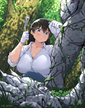1boy 1girl arato_nagi black_hair blue_eyes blush breasts chisel cleavage crossover dr._stone earrings holding_chisel ishigami_senkuu jewelry jk_arts large_breasts long_hair outdoors pants rock ruri_no_houseki shirt sleeves_rolled_up solo stud_earrings taut_clothes taut_pants tools tree twitter_username very_long_hair white_shirt work_gloves