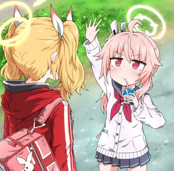 2girls absurdres ahoge arm_up bag black_skirt blonde_hair blue_archive blush bright_pupils cardigan commentary_request cowboy_shot day devil_yanghyeok drink_carton drinking drinking_straw drinking_straw_in_mouth from_behind grass hair_ribbon halo highres holding holding_drink_carton holding_milk_carton hood hood_down hooded_jacket jacket korean_commentary long_hair looking_at_another milk_carton miniskirt multiple_girls natsu_(blue_archive) neckerchief non_non_biyori nyanpassu~ outdoors outstretched_hand parody partial_commentary pink_hair pleated_skirt red_eyes red_jacket red_neckerchief ribbon school_uniform serafuku side_ponytail sidelocks skirt track_jacket trinity_general_school_logo tsurime twintails upper_body v-shaped_eyebrows waving white_cardigan white_pupils white_ribbon yellow_halo yoshimi_(blue_archive)