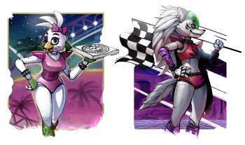 2girls ;d absurdres alpineping animal_ear_piercing animatronic artist_name black_collar bow box bracelet checkered_flag claws collar commentary ear_piercing english_commentary eyelashes eyeshadow five_nights_at_freddy's five_nights_at_freddy's:_security_breach flag furry furry_female glamrock_chica green_hair grin hair_bow hand_on_own_hip hand_up heart highres holding holding_box holding_flag jewelry long_hair looking_at_viewer makeup multicolored_hair multiple_girls one_eye_closed open_mouth palm_tree piercing pink_bow pizza_box purple_eyes purple_eyeshadow roxanne_wolf sharp_teeth sideways_glance smile spiked_bracelet spiked_collar spikes standing teeth tree twitter_username white_background white_hair