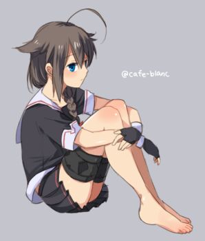 1girl ahoge barefoot black_gloves black_shirt black_skirt bow braid brown_hair commentary_request double-parted_bangs feet fingerless_gloves flower from_side full_body gloves grey_background hair_between_eyes hair_bow hair_flower hair_ornament hair_over_shoulder hugging_own_legs kantai_collection knees_up long_hair looking_at_viewer lowres miniskirt motohara_moka pleated_skirt red_bow sailor_collar school_uniform serafuku shigure_(kancolle) shirt short_sleeves sidelocks simple_background single_braid sitting skirt solo thigh_strap twitter_username white_sailor_collar