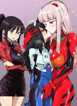3girls bags_under_eyes black_dress black_hair blue_eyes blush bodysuit breasts closed_eyes commentary_request commission commissioner_upload cosplay cross cross_necklace dress fingering grey_eyes heavy_breathing highres ikari_shinji ikari_shinji_(cosplay) interface_headset_(evangelion) jacket jewelry katou_asuka katsuragi_misato katsuragi_misato_(cosplay) kiss kuroki_tomoko large_breasts long_hair mecha_pilot_suit multiple_girls necklace pixiv_commission plugsuit_(evangelion) ponytail red_jacket sasaki_fuuka small_breasts souryuu_asuka_langley souryuu_asuka_langley_(cosplay) torn_bodysuit torn_clothes ufufuto watashi_ga_motenai_no_wa_dou_kangaetemo_omaera_ga_warui! yuri