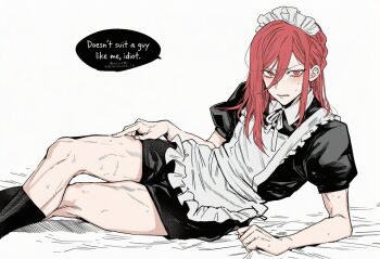 1boy alternate_costume androgynous apron black_socks blue_lock blush chigiri_hyoma collared_dress commentary crossdressing crossdressing_(mtf) dress english_commentary enmaided eyelashes frilled_apron frills hair_between_eyes hulijinq juliet_sleeves kneehighs long_hair long_sleeves lying maid maid_headdress male_focus male_maid neck_ribbon on_side open_mouth parted_bangs puffy_sleeves red_eyes red_hair ribbon short_sleeves socks solo speech_bubble sweat