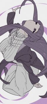 absurdres bad_perspective black_robe blunt_bangs breasts bright_pupils capelet dress fern_(sousou_no_frieren) half-closed_eyes highres kogorooz large_breasts looking_up purple_eyes purple_hair robe sousou_no_frieren tagme white_background white_capelet white_dress white_pupils