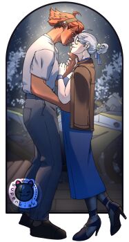 2girls ahoge artist_name black_pantyhose black_shoes blue_dress brown_jacket dark-skinned_female dark_skin dress grey_pants grey_socks gundam gundam_suisei_no_majo hair_bun hairband hand_on_another&#039;s_arm hand_on_another&#039;s_face hand_on_another&#039;s_waist high_heels highres imminent_kiss jacket jacket_on_shoulders loafers miorine_rembran multiple_girls pants pantyhose red_hair shirt shoes short_hair socks suletta_mercury superkiak swept_bangs t-shirt tall_female thick_eyebrows transparent_background white_hair white_shirt yuri