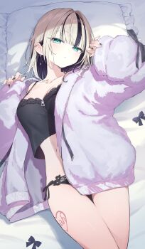 1girl absurdres black_camisole black_hair black_nails black_panties blonde_hair breasts camisole cleavage collarbone colored_inner_hair fur_jacket green_eyes hashtag-only_commentary highres jacket kurumi_noah lying medium_breasts multicolored_hair nail_polish open_clothes open_jacket osechi_(pixiv56606477) panties parted_lips purple_jacket short_hair solo streaked_hair underwear virtual_youtuber vspo!