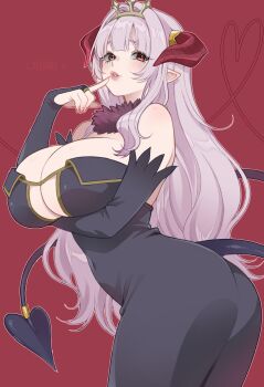 1girl absurdres black_bridal_gauntlets black_dress black_tail breasts bridal_gauntlets cleavage covered_navel demon_girl demon_horns demon_tail dress finger_to_mouth fur_trim heart highres horns kanan-sama_wa_akumade_choroi large_breasts lillum lips long_hair looking_at_viewer parted_lips pink_hair pointy_ears red_background red_eyes red_horns solo tail tiara yiiande