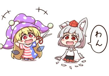 Rule 34 | +++, 2girls, :d, american flag dress, animal ear fluff, animal ears, bare shoulders, black skirt, blonde hair, blush stickers, chibi, chibi only, clownpiece, commentary request, detached sleeves, dress, fairy wings, full body, grey hair, hands up, hat, highres, holding, holding scissors, inubashiri momiji, jester cap, long hair, major injury underreaction, multiple girls, open mouth, polka dot headwear, purple hat, red eyes, red hat, red skirt, ribbon-trimmed sleeves, ribbon trim, scissors, severed ear, severed hair, shirt, shitacemayo, short hair, short sleeves, simple background, skirt, sleeveless, sleeveless shirt, smile, speech bubble, standing, striped clothes, striped dress, tail, tokin hat, touhou, translated, turtleneck, turtleneck shirt, two-tone skirt, white background, white shirt, white sleeves, wings, wolf ears, wolf girl, wolf tail