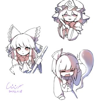 Rule 34 | 3girls, ascot, bare shoulders, bathtub, bow, broom, brown eyes, buttons, closed eyes, closed mouth, collared shirt, commentary request, cropped torso, dated, deformed, detached sleeves, folding fan, frilled bow, frilled kimono, frilled shirt collar, frills, hair between eyes, hair bow, hairband, hakurei reimu, hand fan, hand on own head, hands up, hat, highres, holding, holding broom, holding fan, japanese clothes, kimono, konpaku youmu, konpaku youmu (ghost), long sleeves, looking at viewer, medium hair, mob cap, multiple girls, open mouth, parted lips, partially colored, pink eyes, puffy long sleeves, puffy sleeves, quan wei cao xin, ribbon-trimmed sleeves, ribbon trim, saigyouji yuyuko, shirt, short hair, signature, skirt, sleeveless, sleeveless shirt, smile, sweatdrop, touhou, triangular headpiece, vest, wide sleeves