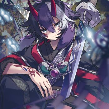 Rule 34 | + +, 1boy, arm tattoo, black kimono, blue eyes, facial tattoo, highres, holding, holding sword, holding weapon, horns, japanese clothes, kimono, kuuron (moesann17), male focus, multicolored hair, oni, purple hair, puzzle &amp; dragons, red kimono, serious, short hair, solo, suou (p&amp;d), sword, tattoo, two-tone hair, weapon, white hair