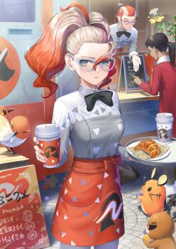 1boy 2girls apron aqua_eyes collared_shirt commentary_request croissant cup day dedenne disposable_cup flabebe fletchling food gen_6_pokemon glasses griselle_(pokemon) grisham_(pokemon) hair_between_eyes highres holding holding_cup long_sleeves multicolored_hair multiple_girls nail_polish nintendo open_mouth orange_apron outdoors pi_(p77777778) pokemon pokemon_(creature) pokemon_legends:_z-a ponytail shirt tray triangle_print waist_apron waitress