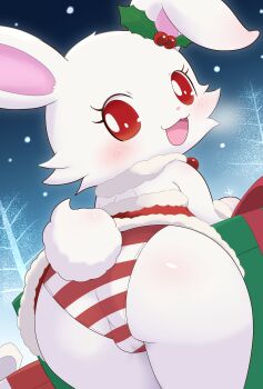1girl animal_ears animal_hands animal_nose aokko_(bluehiyokobunny) ass ass_focus back blush box chibikemo christmas dress furry furry_female gift gift_box hair_ornament jewelpet_(creature) jewelpet_(series) jewelry looking_at_viewer open_mouth outdoors panties pantyshot rabbit_ears rabbit_girl rabbit_tail red_dress red_eyes ruby_(jewelpet) simple_background smile solo striped_clothes striped_panties tail tree underwear white_fur