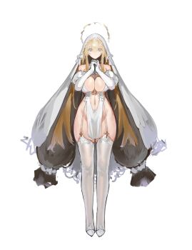 1girl bare_shoulders blonde_hair breasts cleavage covered_navel cross detached_sleeves full_body fur-trimmed_sleeves fur_trim grey_eyes halo highres huge_breasts legs long_hair looking_at_viewer lump_saury original own_hands_together shoes simple_background solo standing tachi-e thighhighs thighs veil very_long_hair white_background white_shoes white_sleeves white_thighhighs white_veil wide_hips yellow_halo