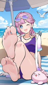 1girl anyoji_hime barefoot beach bird blue_eyes breasts eyewear_on_head feet gangjin large_breasts link!_like!_love_live! long_hair looking_at_viewer love_live! one_eye_closed open_mouth parasol pink_hair seagull soles toes umbrella virtual_youtuber