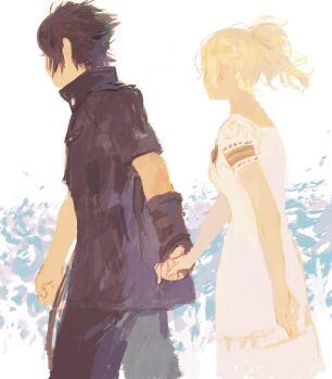 1boy 1girl black_gloves black_hair black_jacket black_shorts blonde_hair breasts couple dress final_fantasy final_fantasy_xv fingerless_gloves gloves hetero holding_hands j2_path jacket lunafreya_nox_fleuret medium_breasts noctis_lucis_caelum ponytail short_hair short_sleeves shorts single_fingerless_glove walking white_background white_dress
