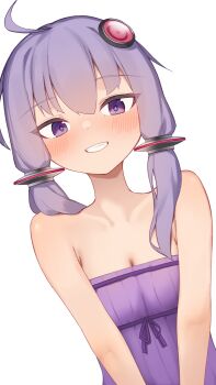 1girl :d absurdres ahoge armpit_crease bare_shoulders blush breasts cleavage collarbone commentary_request dress dutch_angle grin hair_ornament hair_tubes hairpin highres open_mouth parted_lips penguin_(dx19291005) purple_dress purple_eyes purple_hair purple_ribbon ribbon short_hair_with_long_locks sidelocks simple_background small_breasts smile solo strapless strapless_dress upper_body voiceroid white_background yuzuki_yukari