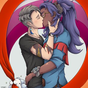 2girls arm_tattoo asymmetrical_hair black_shirt blue_shirt bracelet closed_eyes earrings gen_8_pokemon glasses grey_hair highres itsraijet jetsam_(itsraijet) jewelry kiss lesbian_flag long_hair multiple_girls necklace nintendo original pokemon pokemon_(creature) pokemon_sv ponytail purple_hair raifort_(pokemon) shirt short_hair short_sleeves sidecut snom tattoo undercut watch wristwatch yuri