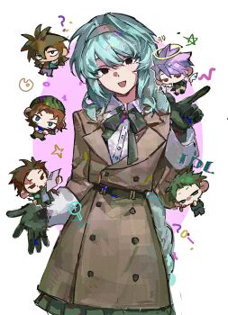 2girls 4boys ? absurdres annie_(saibou_shinkyoku) aqua_hair artist_self-insert black_eyes blue_eyes brown_coat brown_hair chibi chibi_inset chinese_commentary coat collared_shirt commentary commentary_request detached_wings dreyfus_zweig english_commentary film_grain gloves green_gloves green_hair green_ribbon green_skirt halo happy_birthday harada_minoru highres hiko_(xinjinjumin7714158) holding holding_paper isoi_reiji long_hair mixed-language_commentary multiple_boys multiple_girls neck_ribbon open_mouth orange_hair original paper pleated_skirt ribbon saibou_shinkyoku scar scar_on_face scar_on_forehead shirt skirt smile star_(symbol) theodore_riddle trench_coat white_shirt wings