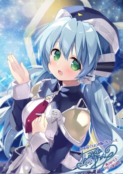 1girl :d blue_hair blush dress green_eyes hair_between_eyes hair_ribbon hat highres hoshino_yumemi long_hair long_sleeves looking_at_viewer low_twintails nagayama_yuunon necktie open_mouth planetarian red_necktie ribbon robot_ears smile solo twintails very_long_hair