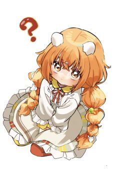 1girl ? apron asymmetrical_legwear blush braid brown_apron brown_skirt center_frills collared_dress dress egg_hair_ornament food-themed_hair_ornament fork_hair_ornament frilled_dress frills from_above full_body genkizaurusu589 hair_ornament hairclip highres kirara_tamako kirara_tamako_(1st_costume) layered_sleeves long_hair long_sleeves looking_at_viewer low_twin_braids mismatched_legwear neck_ribbon nijisanji orange_eyes orange_hair pantyhose red_pantyhose red_ribbon ribbon simple_background sitting skirt solo striped_clothes striped_skirt twin_braids two-tone_pantyhose upturned_eyes vertical-striped_clothes vertical-striped_skirt virtual_youtuber wariza white_background white_dress yellow_pantyhose