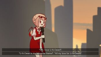 1girl blonde_hair collared_shirt commentary english_text eyewear_on_head flandre_scarlet highres holding holding_microphone leaning_forward microphone one_side_up pointy_ears puffy_short_sleeves puffy_sleeves red_eyes red_skirt red_vest shirt short_hair short_sleeves skirt stage symbol-only_commentary touhou vest white_shirt wings yoruny