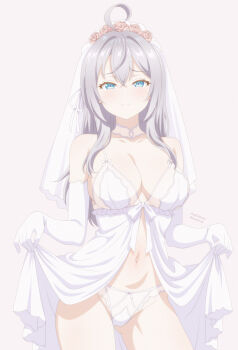 1girl absurdres ahoge alisa_mikhailovna_kujou audirenze bare_shoulders blue_eyes blush breasts bridal_lingerie choker cleavage collarbone dress elbow_gloves gloves gluteal_fold grey_hair highres large_breasts lingerie long_hair looking_at_viewer navel panties smile solo standing stomach tokidoki_bosotto_roshia-go_de_dereru_tonari_no_alya-san underwear very_long_hair white_dress white_gloves white_panties