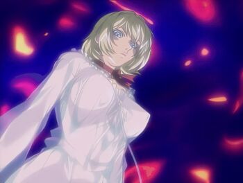 1girl 2004 american animated animated_gif anime_screenshot bible_black bible_black_new_testament blonde_hair blue_eyes bow breasts choker dress fire jody_crowley large_breasts lips magic nightgown nipples shin_bible_black short_hair tagme transparent_dress white_dress wind witch