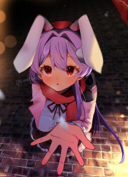 1girl :o alternate_costume animal_ears blush commentary from_above hair_between_eyes hat highres jacket long_hair long_sleeves looking_at_viewer loveplum0510 outdoors parted_lips pink_jacket purple_hair rabbit_ears rabbit_girl red_eyes red_hat red_scarf reisen_udongein_inaba reisen_udongein_inaba_(snow_rabbit_of_the_holy_night) scarf shirt skirt snowing solo touhou touhou_lostword twitter_username very_long_hair white_shirt