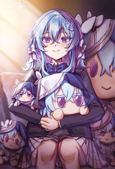 1girl absurdres alternate_costume black_jacket blazer blue_bow blue_bowtie blue_hair blue_veil bow bowtie butterfly_hair_ornament character_doll closed_mouth commentary couch doll dual_persona english_commentary feet_out_of_frame flareza grey_skirt hair_between_eyes hair_bow hair_ornament highres holding holding_stuffed_toy jacket long_hair looking_at_viewer on_couch purple_eyes remnant_cube_(wuthering_waves) school_uniform shorekeeper_(wuthering_waves) sitting skirt smile solo stuffed_animal stuffed_toy two-tone_veil veil white_bow white_veil wuthering_waves