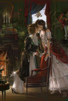 2girls absurdres alcohol artist_name black_shoes blue_eyes breasts brooch brown_hair buttons candle candlestand chair cleavage coat commentary_request cup curtains double-breasted dress eye_contact eyewear_strap fire fireplace gem glasses hand_on_chair high_heels highres holding holding_cup imminent_kiss indoors isolde_(reverse:1999) jewelry kakania_(reverse:1999) key long_hair looking_at_another multiple_girls nail_polish off-shoulder_dress off_shoulder red_gemstone red_nails reverse:1999 shoes unworn_shoes vase very_long_hair volcanoyyy white_dress window wine yellow-framed_eyewear yuri