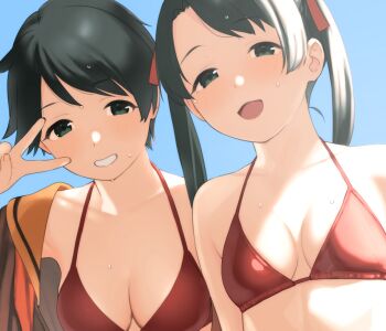 2girls alternate_breast_size_(larger) alternate_costume bikini blue_sky blush breasts brown_shirt cleavage collarbone commentary_request day from_below green_eyes green_hair hair_ribbon halterneck hand_up kantai_collection long_hair looking_at_viewer medium_breasts mikuma_(2016_swimsuit)_(kancolle) mikuma_(kancolle) mogami_(kancolle) multiple_girls neckerchief official_alternate_costume open_clothes open_mouth open_shirt orange_neckerchief orange_sailor_collar outdoors red_bikini red_eyes ribbon sailor_collar sakiecho shadow shirt short_hair sidelocks sky stomach string_bikini swimsuit teeth twintails v wet wet_hair